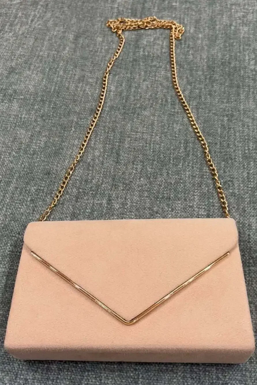 Blush Pink Faux Suede Envelope Clutch with Gold Tone Chain